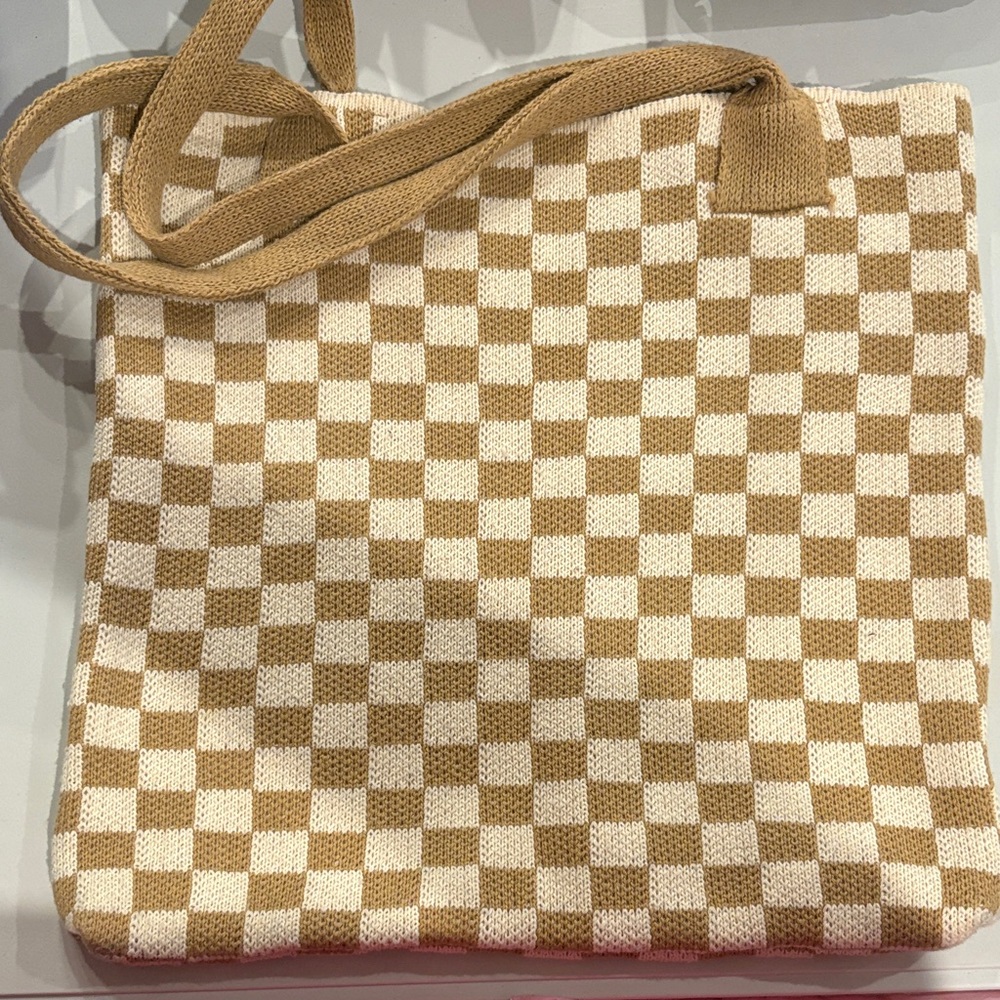 Checkered Tan and Cream Tote Bag
